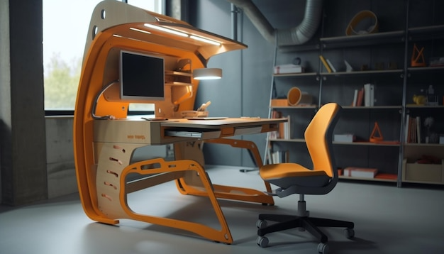 Эргономичное компьютерное кресло в сочетании с современным, стильным письменным столом в современном офисном помещении с передовыми элементами дизайна.