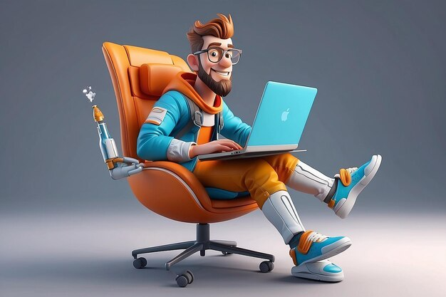 Мультяшный программист в очках сидит в оранжевом кресле и использует ноутбук, изображая удобное рабочее место.