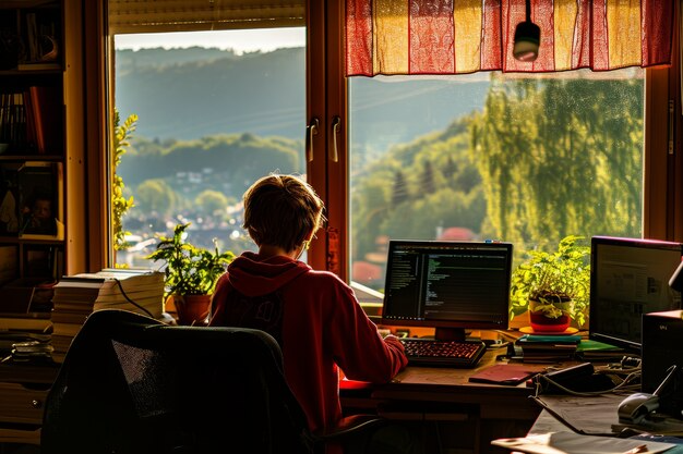 Программист работает за компьютером у окна с живописным видом на улицу, в окружении книг и растений.