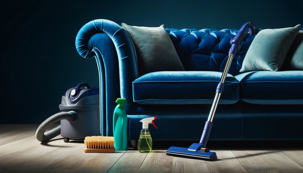 Синий велюровый диван, вокруг которого на деревянном полу расставлены чистящие средства, такие как пылесос, щетки и распылители.
