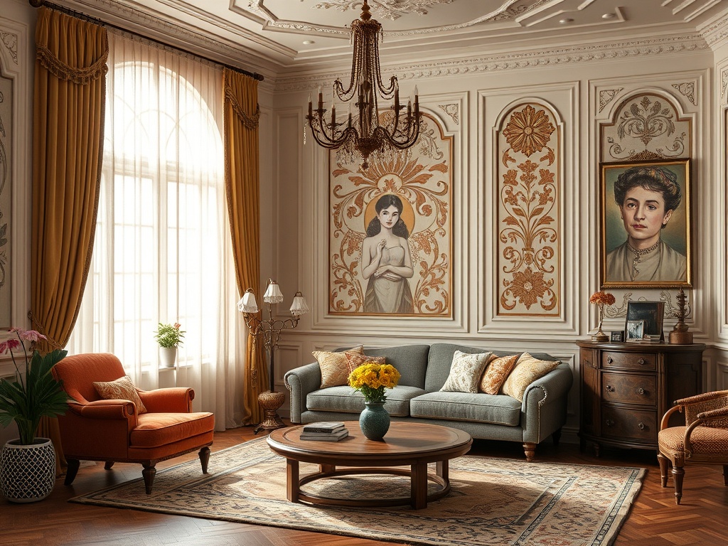 Элегантная гостиная с большим окном, уютной мебелью и художественными изображениями на стенах.