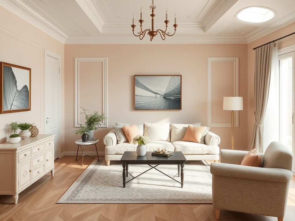 Светлая гостиная с мягкой мебелью, картиной и светильником, оформленная в нежных тонах.