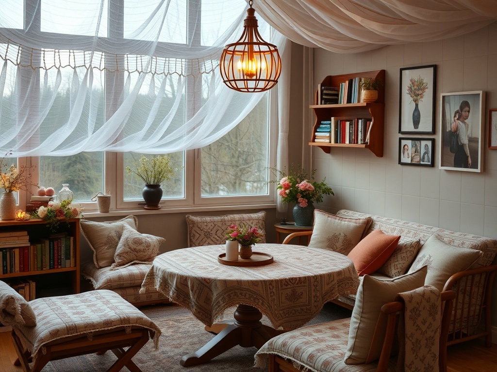 Уютная гостиная с мягкой мебелью, цветами и книжными полками, оформленная светлыми занавесками.