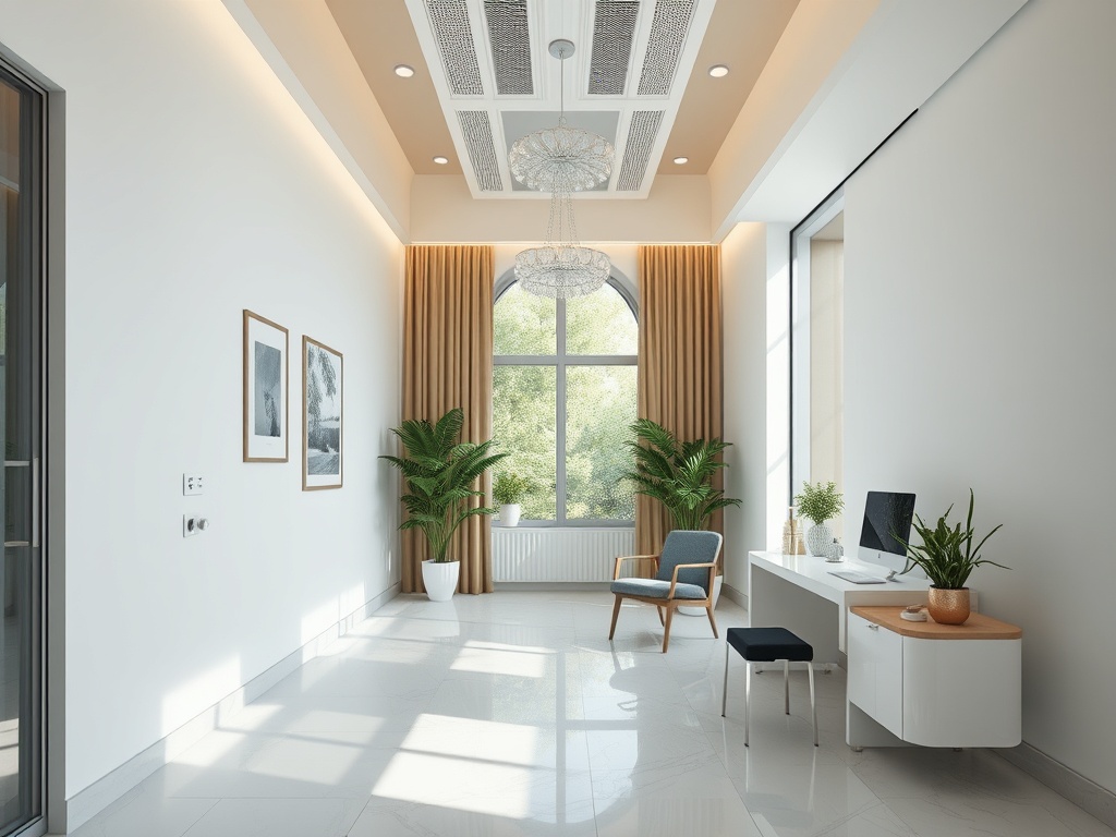 Светлое помещение с растениями, столом и стульями, большими окнами и красивой люстрой.