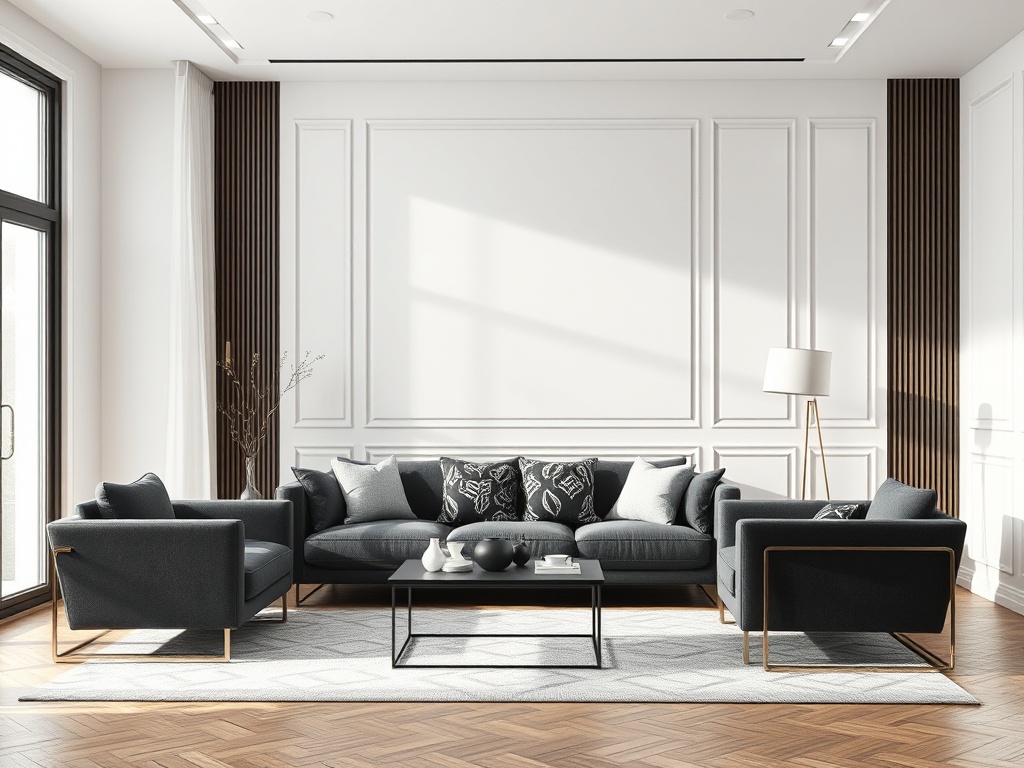 Современная гостиная с темно-синими диванами и столом на фоне светлых стен и деревянного пола.