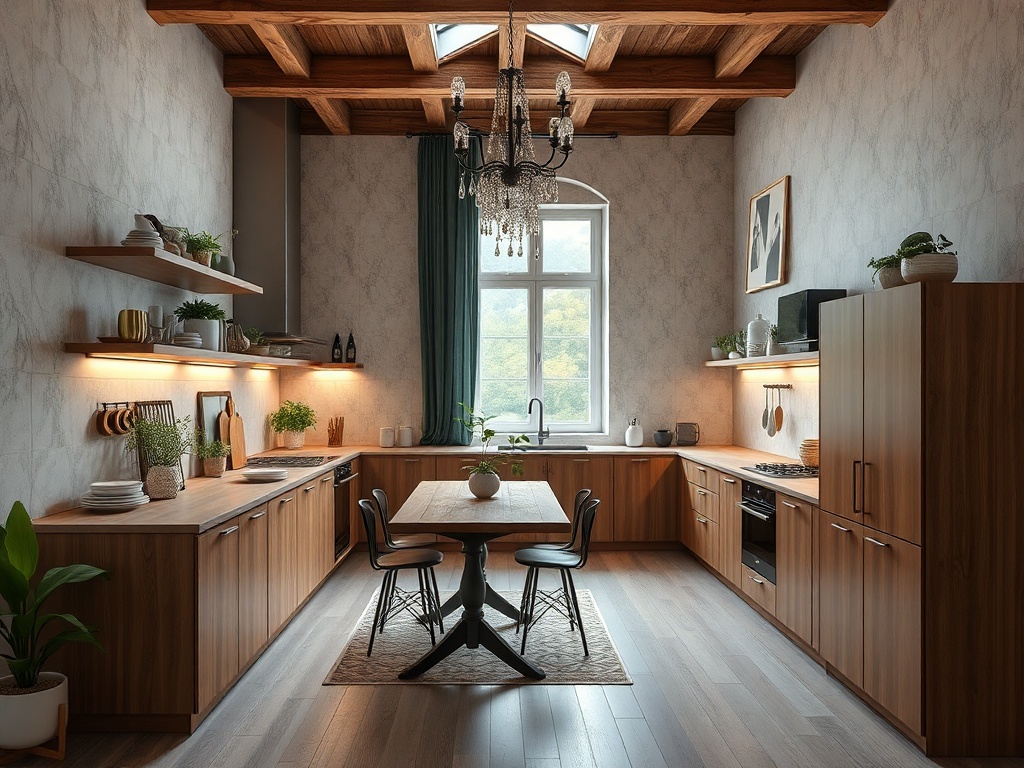 Современная кухня с деревянными шкафчиками, столом, стульями и большими окнами, наполнена зелеными растениями.